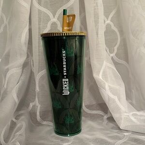 Starbucks Dark Green Wicked Tumbler with Gold Lid and Green Straw